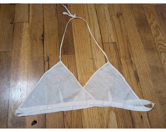 Antique Sheer Silk Embroidered Halter Bralette Pink Floral Jacquard Lingerie Bra