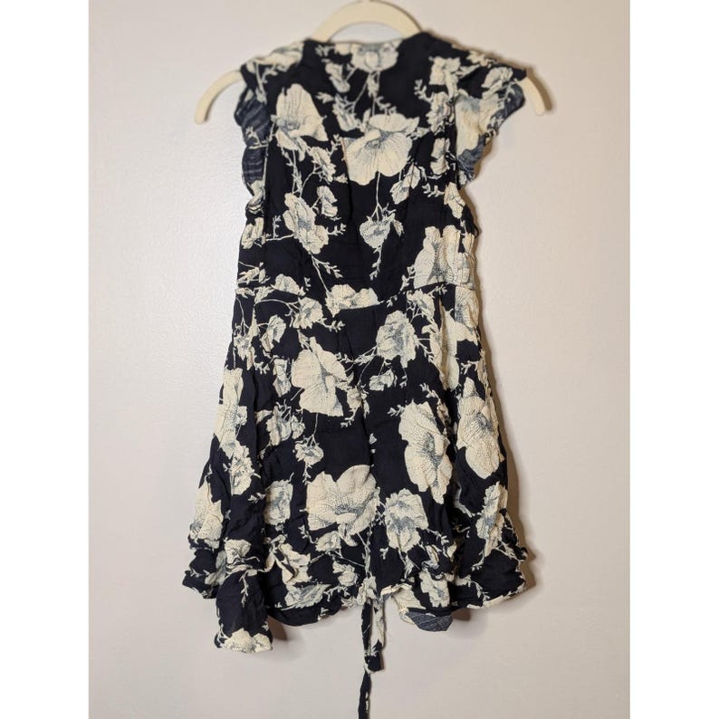 Free People Floral Mini Dress Black Cream Ruffle Cap Sleeve Tie Front XS image 3