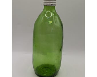 Vintage Green Glass Bottle with White Metal Screw Cap Decorative Bud Vase 7.25in
