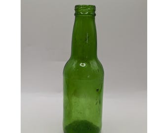 Vintage Emerald Green Glass Bottle Recyclable Embossed 7 Inch Long Neck Decor