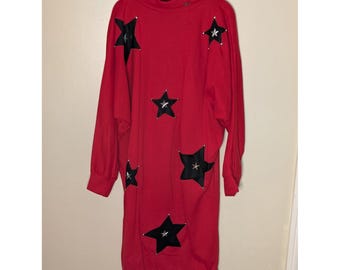 Vintage Rennar Red Sweatshirt Dress Black Star Applique Cowl Neck Retro Medium