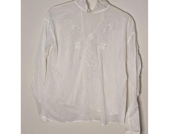 Antique Edwardian White Cotton Lawn Blouse Floral Embroidery Lace High Neck Top