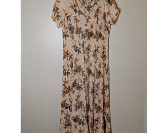 Vintage Floral Crinkle Maxi Dress Short Sleeve Lattice V-Neck Boho Cream Multi