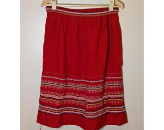 Vintage Red Woven Folk Midi Skirt Embroidered Geometric Pattern Bohemian Boho