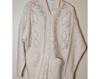 Lovely Collection Vintage Cream Knit Cardigan Sweater Embroidered Floral Wool?
