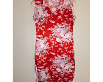 Laogudai Floral red Cheongsam Qipao Dress Sleeveless Side Slit Size 18 silk