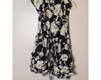 Free People Floral Mini Dress Black Cream Ruffle Cap Sleeve Tie Front XS