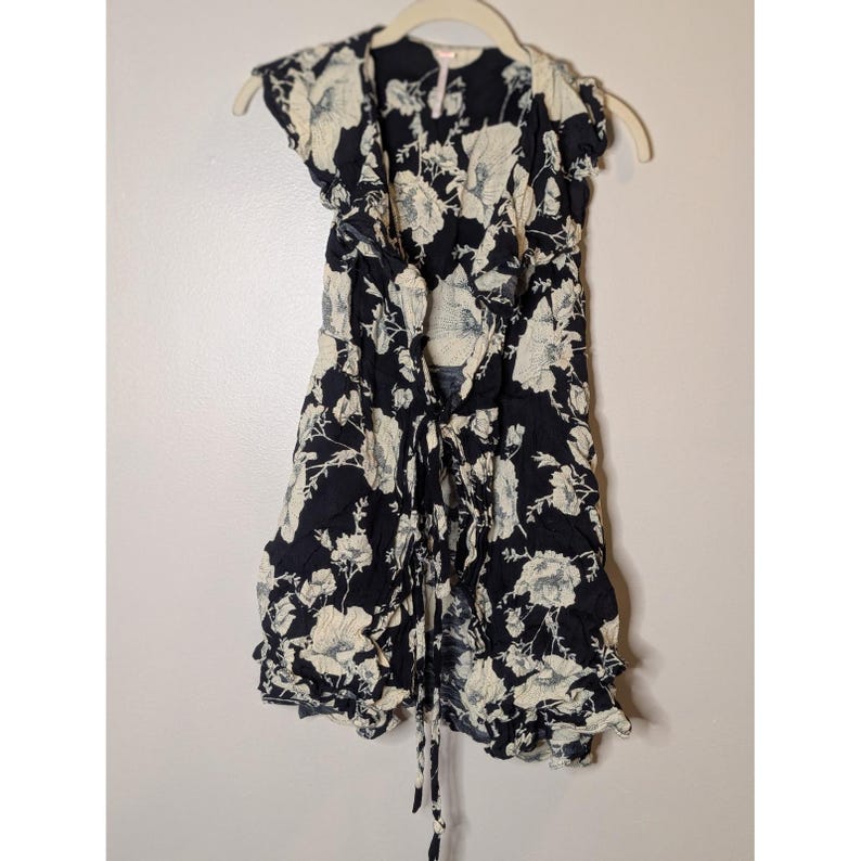 Free People Floral Mini Dress Black Cream Ruffle Cap Sleeve Tie Front XS image 1
