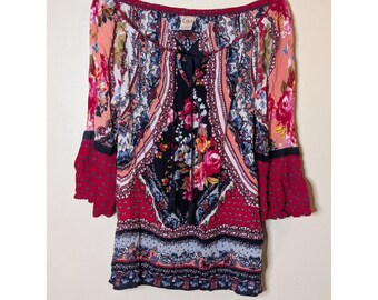 Bila Womens Boho Floral Mixed Print Tassel Peasant Blouse Red Navy Large