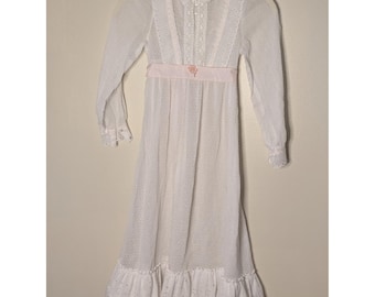 Edwardian Girls White Swiss Dot Eyelet Lace Dress Pink Ribbon Waist Vintage Rare