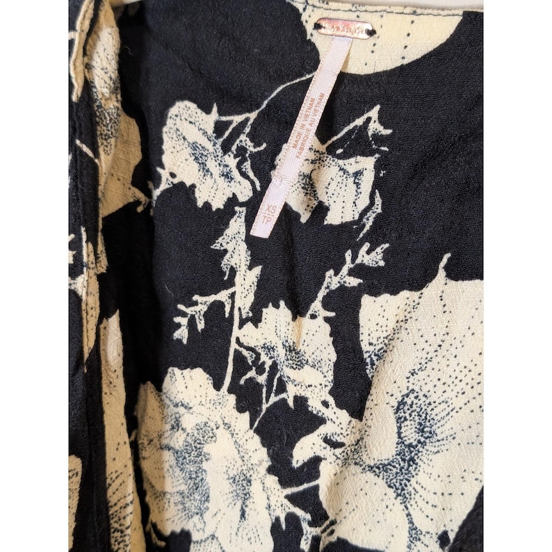 Free People Floral Mini Dress Black Cream Ruffle Cap Sleeve Tie Front XS image 2