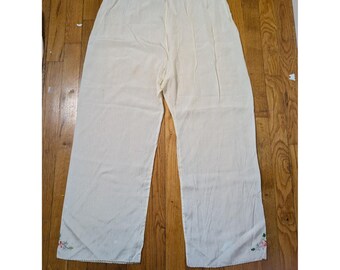 Antq Edwardian Cream Wide Leg Pants Floral Embroidered Scalloped Hem Cottagecore