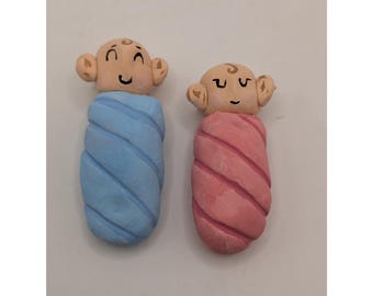 MODERN Handcrafted Clay Swaddled Baby Figurines Pink Blue Gender Reveal Decor