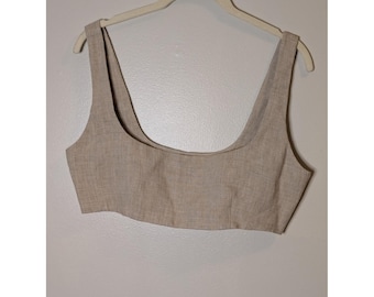 Paris Georgia Natural Linen Crop Top Beige Scoop Neck Side Zip Size M