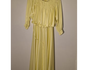 Vintage 70s Yellow Smocked Blouson Midi Dress Long Sleeve Retro Party Event L