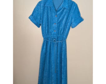 Vintage Blue Terry Cloth Midi Dress Short Sleeve Button Front Elastic Waist