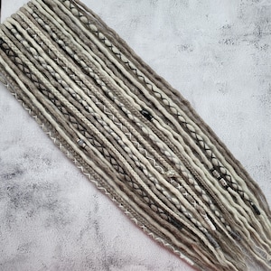 UNDYED "SALTY VIKING" Wool dreadlocks, braid-in extensions, white-ash , salt-n-pepper