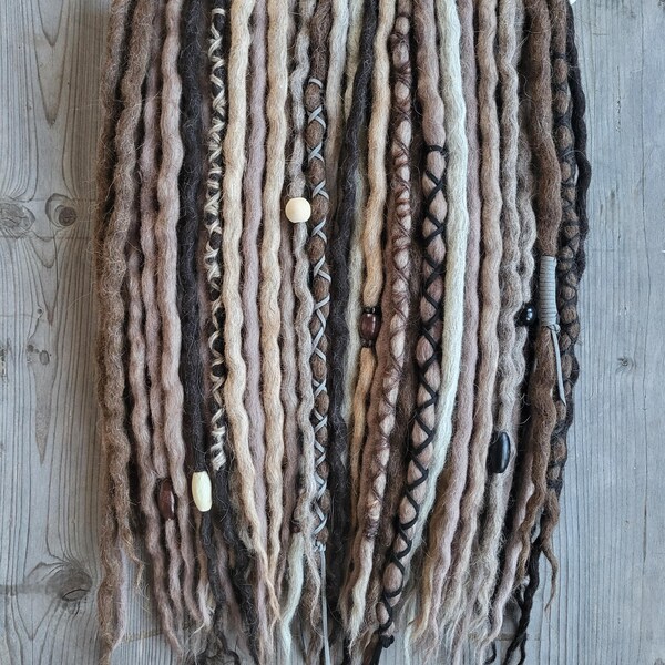 50DE Wool dreadlock extensions braid-in Full set ash earth tones blonds browns and grays viking set 16inch premade ready to ship
