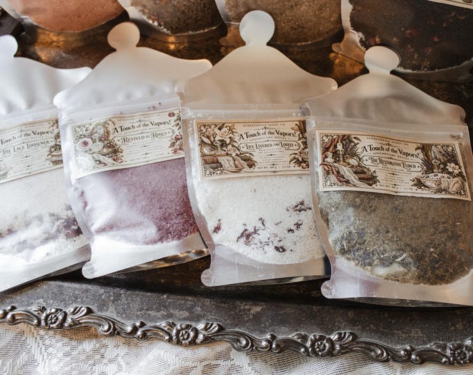 Featured listing image: A Touch of the Vapors!™ Victorian Bath Salts Refill 100g, Luxury Botanical Bath Soak, Apothecary Pouch, Gothic Self Care Gift