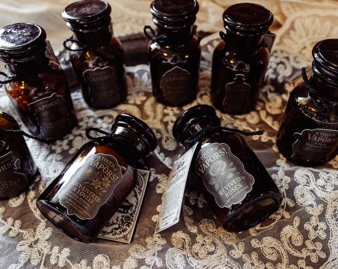Featured listing image: A Touch of the Vapors!™ Victorian Bath Salts in Amber Apothecary Jar, Luxury Botanical Bath Soak, Reusable Glass Bottle, Gothic Self Care