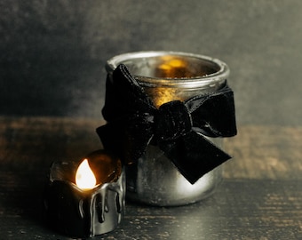 Mercury Glass Tea Light Holder with Black Ribbon, Gothic Altar Decor (LED Candle)