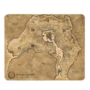 May include: A rectangular map of the province of Cyrodiil, with a detailed, aged design showing geographical features, cities, and text. The map is in shades of brown and tan, with the text "Provinz Cyrodiil" at the bottom.