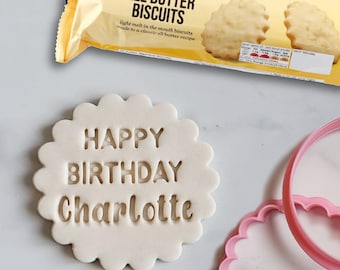 Custom Name Happy Birthday Embosser Stamp, Multiple Sizes, Cookie Cutter, Fondant, Embossed, Marks and Spencer biscuit