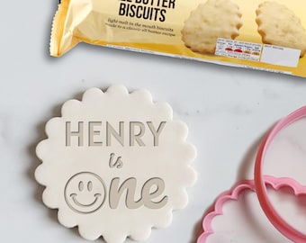 Custom Name Happy Birthday Embosser Stamp, Cookie Cutter, Fondant, Embossed, 1st First Birthday, Personalised, Marks and Spencer biscuit