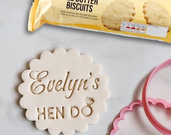 Custom Name Hen Party, Embosser Stamp, Cookie Cutter, Fondant, Embossed, Personalised, Marks and Spencer biscuit