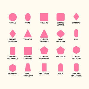 May include: A chart with 18 different pink geometric shapes, including a circle, oval, square, diamond, triangle, rectangle, hexagon, pentagon, and more. Each shape has a label underneath it.