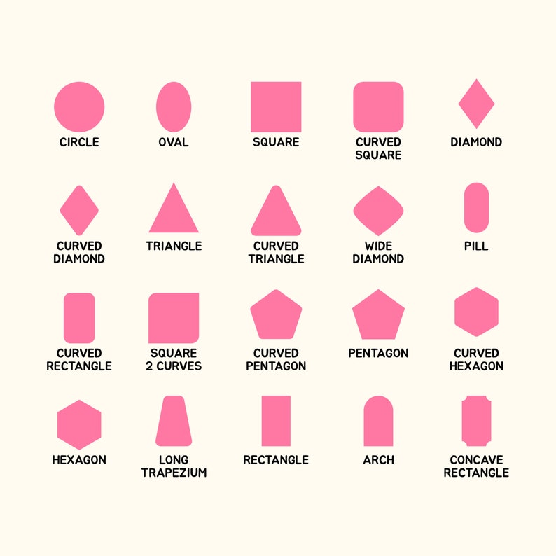 May include: A chart with 18 different pink geometric shapes, including a circle, oval, square, diamond, triangle, rectangle, hexagon, pentagon, and more. Each shape has a label underneath it.