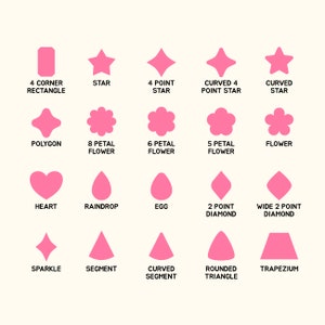 May include: A chart with 16 different pink shapes, each with a label describing the shape. The shapes include a rectangle, star, polygon, flower, heart, raindrop, egg, diamond, sparkle, segment, and triangle.