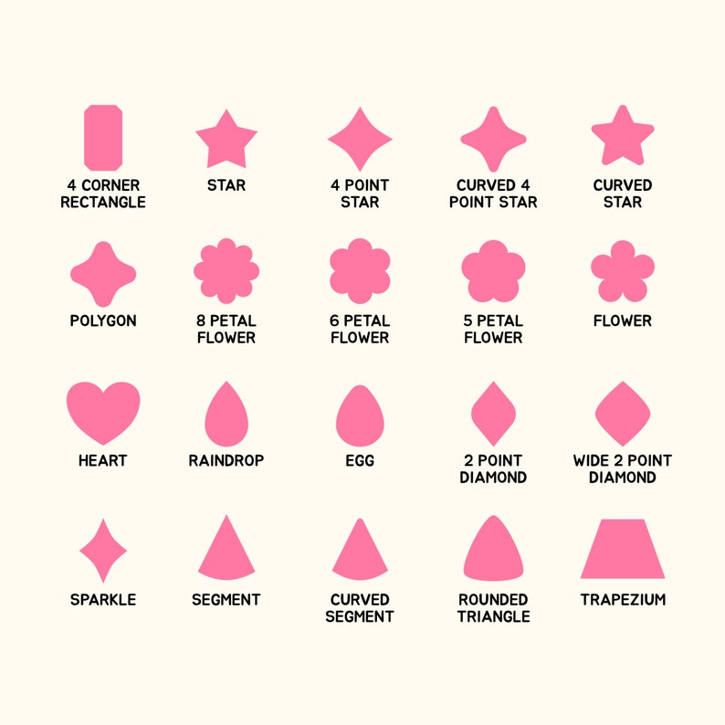 May include: A chart with 16 different pink shapes, each with a label describing the shape. The shapes include a rectangle, star, polygon, flower, heart, raindrop, egg, diamond, sparkle, segment, and triangle.