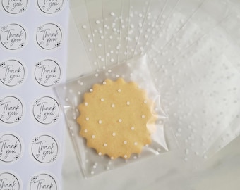 Clear Polka Dots Cellophane Bags, Biscuit Favours, M&S Size, Thank You Stickers