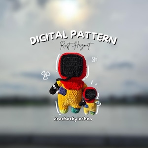 May include: A digital crochet pattern showing two figures in yellow, red, and black hazmat suits. The larger figure has a black square head and a red collar. The smaller figure is a miniature version. The text "DIGITAL PATTERN Rust Hazmat" is at the top.