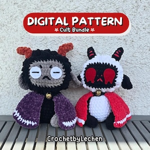 以下が含まれることがあります： 2つのぬいぐるみ用のデジタルな編み物パターン。1つは黒とグレーで紫色のマント、もう1つは白で赤いマント。パターン名は「カルトバンドル」。