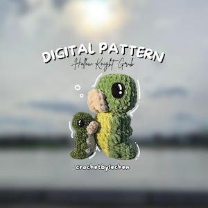 May include: Two crocheted Hollow Knight Grub figures, one large and one small, in shades of green and yellow. The larger Grub has a beige face and large black eyes. The image includes the text "DIGITAL PATTERN Hollow Knight Grub" and "crochetbylechen".