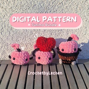May include: Digital pattern for crocheting three pink Junimo plushies from the video game Stardew Valley. The Junimos are holding hearts and wearing black and brown accents. The pattern is called "Junimo Bundle".
