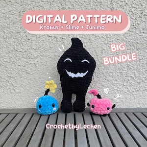 Puede incluir: Un paquete de patrones de crochet amigurumi digital que incluye tres personajes: Krob, Slime y Junimo. Los personajes están hechos a crochet en hilo negro, azul y rosa. El patrón está disponible para descargar digitalmente.