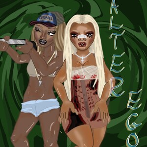 Puede incluir: Dos mujeres, una con cabello rubio y una venda blanca en la nariz, y la otra con cabello castaño y una gorra de béisbol, están de pie una al lado de la otra. La mujer con cabello rubio lleva un vestido de estilo corsé rojo y blanco. La mujer con cabello castaño lleva un top blanco sin mangas y pantalones cortos de mezclilla azul. La palabra "ALTER EGO" está escrita en letras azules y doradas sobre un fondo verde.