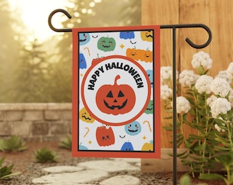 May include: A rectangular Halloween garden flag with a red border. The flag features a white background with various cartoon pumpkins and the text "HAPPY HALLOWEEN" surrounding a jack-o'-lantern.
