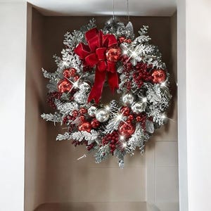 Silver Christmas Wreath, Decorative Christmas Door Wreath, Red and Silver Wreath, Large Bow Christmas Door Wreath, Christmas Decorations