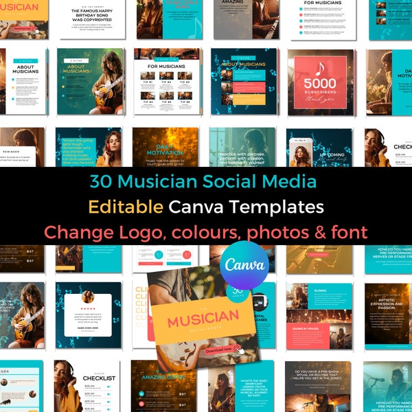 30 Musician Social media posts, Facebook and Instagram Social Posts Canva Templates for Musicians, Facebook Template, Instagram Template