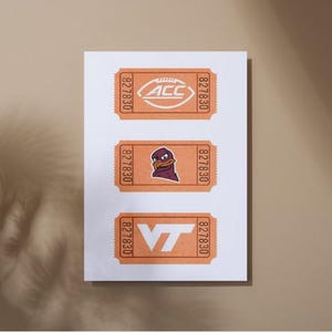 May include: Three orange tickets with white text and logos. The top ticket has the letters "ACC" with a football graphic. The middle ticket has a purple bird logo. The bottom ticket has the letters "VT". Each ticket has the number "827830".