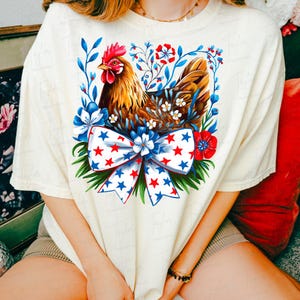 Patriotisches Blumenhuhn PNG, karierter Amerikaner 4. Juli Png, Amerika Sublimation PNG, Gedenktag, Girly USA Png, lustiger patriotischer Png