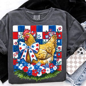 Patriotisches Blumenhuhn PNG, karierter Amerikaner 4. Juli Png, Amerika Sublimation PNG, Gedenktag, Girly USA Png, lustiger patriotischer Png