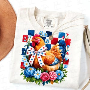 Poulet floral patriotique PNG, Damier américain 4 juillet Png, Amérique sublimation PNG, Memorial Day, Girly USA Png, Png patriotique drôle