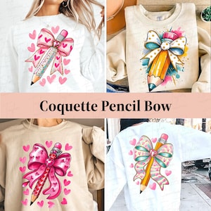 Pencil Bow Png Bundle, Teacher Pencil Coquette Bow Png, Coquette Pencil Bow, Teacher Shirt, Back To School, Teacher Gift