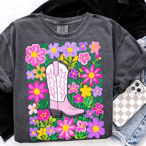 Floral Western Cowgirl Boot Png, Boho Floral Western Png Design, graphique de chemise preppy d'été, téléchargement numérique de cow-girl du sud-ouest