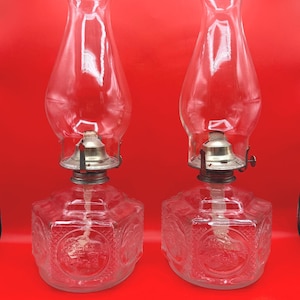 Vintage Oil/Kerosene Lamps, Lamplight Farms Clear Pressed Glass Horse and Buggy Design and Hurricane Chimneys